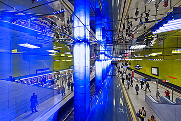 Muenchner Freiheit, Light designer Ingo Mauer, Undeground Station at night, Munich, Upper Bavaria, Bavaria, Germany