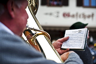 Musician with a tube during the Maypole celebration, Sindelsdorf, Weilheim-Schongau, Bavarian Oberland, Upper Bavaria, Bavaria, Germany