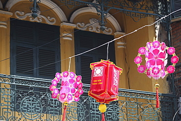 Pink Lanterns in front of a housein Hanoi, Hanoi, Vietnam, Asia