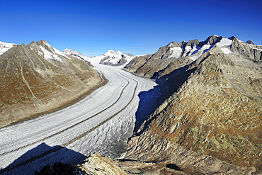 Glacier Grosser Aletschgletscher with Jungfrau, Moench, Eiger, Gruenhorn and Wannenhorn, from Eggishorn, UNESCO World Heritage Site Swiss Alps Jungfrau - Aletsch, Bernese Alps, Valais, Switzerland, Europe