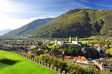 View to Castelgrande and Bellinzona, Castle Montebello, Bellinzona, UNESCO World Heritage Site Bellinzona, Ticino, Switzerland, Europe