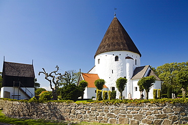 Round church Ols Kirke under blue sky, St. Ols Kirke, Bornholm, Denmark, Europe