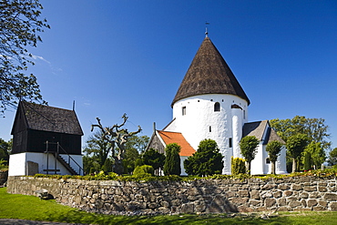 Round church Ols Kirke under blue sky, St. Ols Kirke, Bornholm, Denmark, Europe