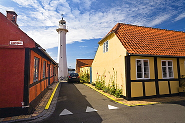 Framed houses and lighthouse, in Roenne, Ronne, Bornholm, Denmark, Europe