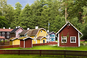 Wooden houses at Astrid Lindgren Vaerld, Astrid Lindgren World, Vimmerby, Smaland, South Sweden, Europe