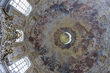 Ettal minster, Benedictine monastry, view at dome with fresco, painted by Johann Jakob Zeiller and Martin Knolle, Ettal, Bavaria, Germany, Europe