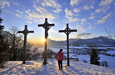 Sunset at St. Nikolaus over Ebbs, Inn river valley, Winter in Tyrol, Austria