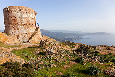 Hike to the Tower of Turghio at Capo Rosso, view over the sea from the cap, Mediterranean Sea, Porto, Corsica, France