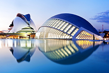 Hemisferic, Imax Cinema, Planetarium and Laserium built in the shape of the eye and Palau de les Arts, City of Arts and Sciences, Cuidad de las Artes y las Ciencias, Santiago Calatrava (architect), Valencia, Spain