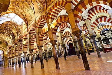 Moorish columns and arches inside the Mezquita, Cordoba, Spain