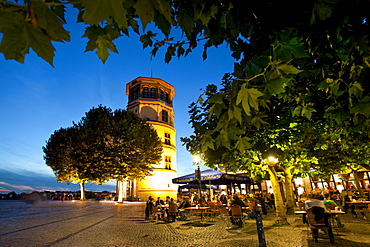 Illuminated Schlossturm in the evening, Old town, Duesseldorf, Duesseldorf, North Rhine-Westphalia, Germany, Europe