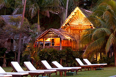 Traditional Malay house in the evening, Bon Ton Resort, Lankawi Island, Malaysia, Asia