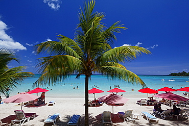 Palm trees and people on the beach in the sunlight, Pereybere, Mauritius, Africa