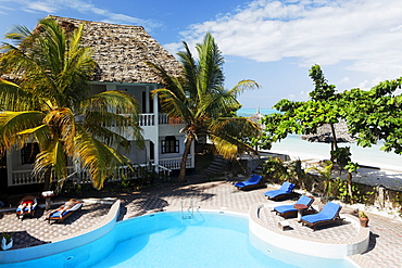 The Sau Inn hotel with pool in the sunlight, Jambiani, Zanzibar, Tanzania, Africa