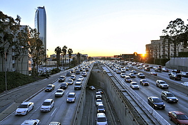 Freeway in downtown at sunset, Los Angeles, California, USA, America