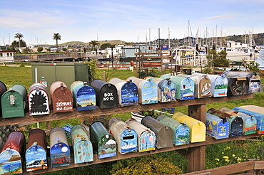 Letterboxes of houseboats in Sausalito near San Francisco, California, USA, America