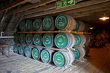 Warehouse full of oak barrels at the Glenfiddich Destillery, Dufftown, Aberdeenshire, Scotland