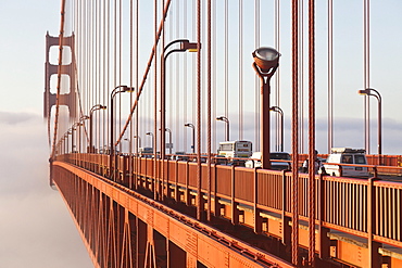 Golden Gate Bridge in the morning fog, Symbol of San Francisco and California, San Francisco, California, United States of America, USA