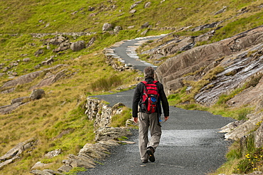 Hiker on the Miners Track towards Mt. Snowdon, Snowdonia National Park, Wales, UK