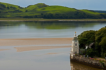 The village of Portmeirion with bell tower, founded by Welsh architekt Sir Clough Williams-Ellis in 1926, Wales, UK