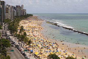 View of the crowded beach from Recife Palace Hotel, Recife, Pernambuco, Brazil, South America