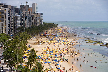 View of the crowded beach from Recife Palace Hotel, Recife, Pernambuco, Brazil, South America