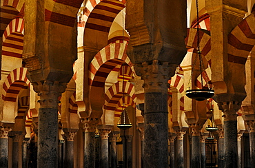 Columns inside of the cathedral La Mezquita, Cordoba, Andalusia, Spain, Europe