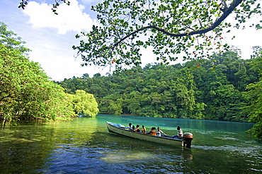 Jamaica Port Antonio Tropical landscape at Blue lagoon, tour boat with tourists