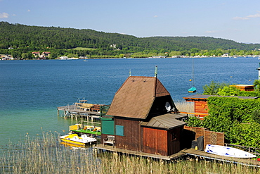 Boathouse at lake Woerthersee, lake Woerthersee, Carinthia, Austria, Europe