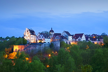 View of the castle and the tower in the evening, Vellberg, Hohenlohe region, Baden-Wuerttemberg, Germany, Europe