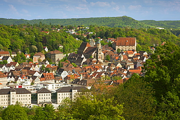 View of the city of Schwaebisch Hall in the sunlight, Hohenlohe region, Baden-Wuerttemberg, Germany, Europe