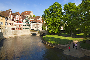 Half-timbered houses at the Kocher river, Schwaebisch Hall, Hohenlohe region, Baden-Wuerttemberg, Germany, Europe