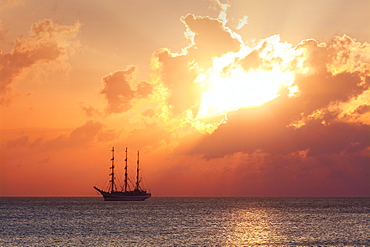 Tall ship Ã‘SedovÃ¬ anchoring at Binz seaside resort at sunrise, Ruegen island, Baltic Sea, Mecklenburg-West Pomerania, Germany