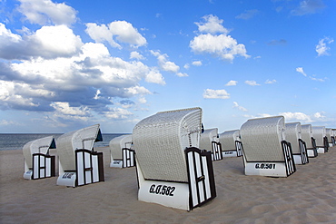 Beach chairs on the beach, Baabe seaside resort, Ruegen island, Baltic Sea, Mecklenburg-West Pomerania, Germany