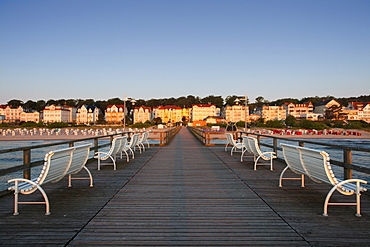 Benches on the pier, Bansin seaside resort, Usedom island, Baltic Sea, Mecklenburg-West Pomerania, Germany