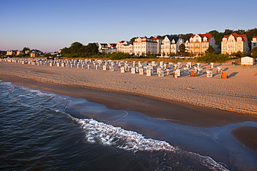 View from the pier to the seafront, Bansin seaside resort, Usedom island, Baltic Sea, Mecklenburg-West Pomerania, Germany