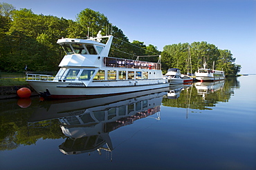 Excursion boats at Achterwasser near Ueckeritz, Usedom island, Baltic Sea, Mecklenburg-West Pomerania, Germany