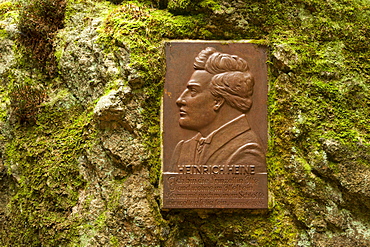 Plate with portrait and poem of Heinrich Heine, Ilse valley, Heinrich-Heine hiking trail, near Ilsenburg, Harz mountains, Saxony-Anhalt, Germany