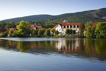 Trout lake near Hotel Ã‘Zu den Rothen ForellenÃ¬, Ilsenburg, Harz mountains, Saxony-Anhalt, Germany