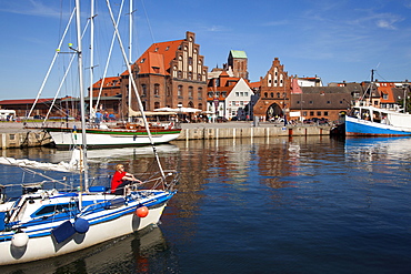 Sailboat at the entrance of the harbour, Wismar, Baltic Sea, Mecklenburg Western-Pomerania, Germany