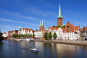 View over the Trave river to the old town of Luebeck with St MaryÂ¥s church and church of St Petri, Hanseatic city of Luebeck, Baltic Sea, Schleswig-Holstein, Germany