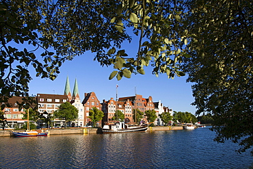 Houses with stepped gables at Holsten harbour, Hanseatic city of Luebeck, Baltic Sea, Schleswig-Holstein, Germany