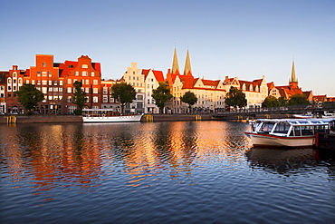 Houses with stepped gables at Holsten harbour, St MaryÂ¥s church and church of St Petri, Hanseatic city of Luebeck, Baltic Sea, Schleswig-Holstein, Germany