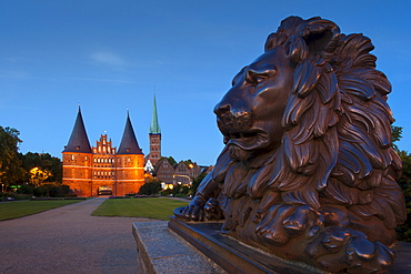 Holsten Gate and church of St Petri, Hanseatic city of Luebeck, Baltic Sea, Schleswig-Holstein, Germany