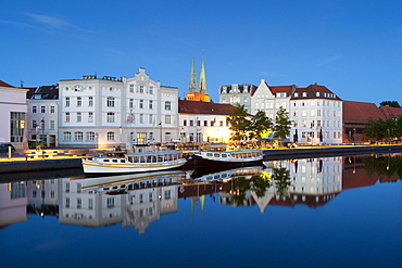 View over the Trave river to the old town of Luebeck with Luebeck cathedral, Hanseatic city of Luebeck, Baltic Sea, Schleswig-Holstein, Germany