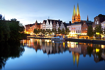 View over the Trave river to the old town of Luebeck with St MaryÂ¥s church, Hanseatic city of Luebeck, Baltic Sea, Schleswig-Holstein, Germany