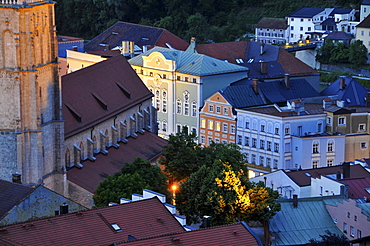 View of houses and church in the evening, Burghausen, Bavaria, Germany, Europe