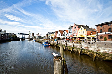 Old town and harbour under clouded sky, Husum, Schleswig Holstein, Germany, Europe