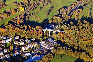 Aerial view of the town of Daun with railway viaduct, Daun, Rhineland Palatinate, Germany, Europe