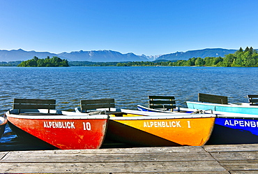 Rowboats at lake Staffelsee, Uffing, Upper Bavaria, Germany